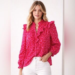 Karlie Large Pink Red Floral Ruffle Blouse Button Front Statement Top